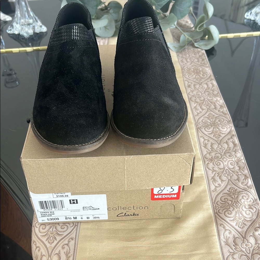 Clarks Black Suede Slip-On Loafers with Textured Vamp